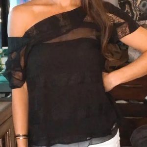 NWT Robert Rodriguez Black Sheer Lace Off The Shoulder Flowy Top Size 2
